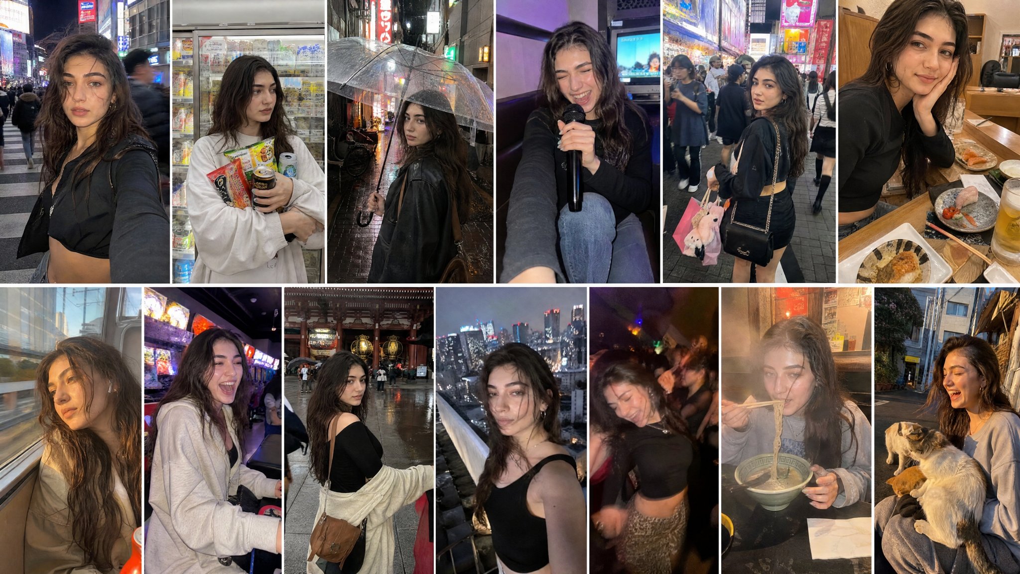 Generate image of her Japanese travel vlogger exploring Tokyo across exactly 13 candid moments,  prompt example image preview