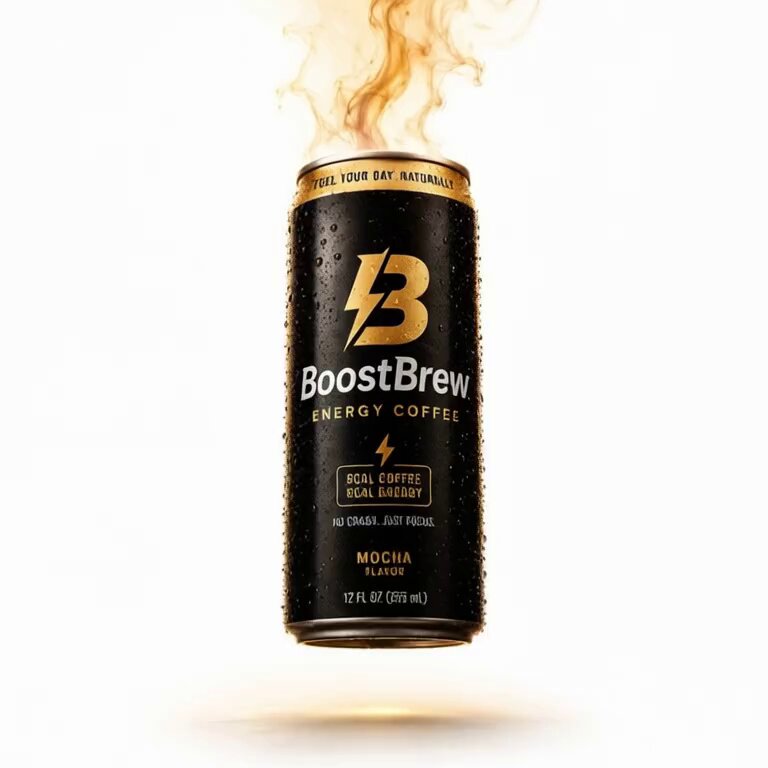 A professional advertisement poster for "BoostBrew Energy Coffee" can in center, surrounded by 5 prompt example image preview