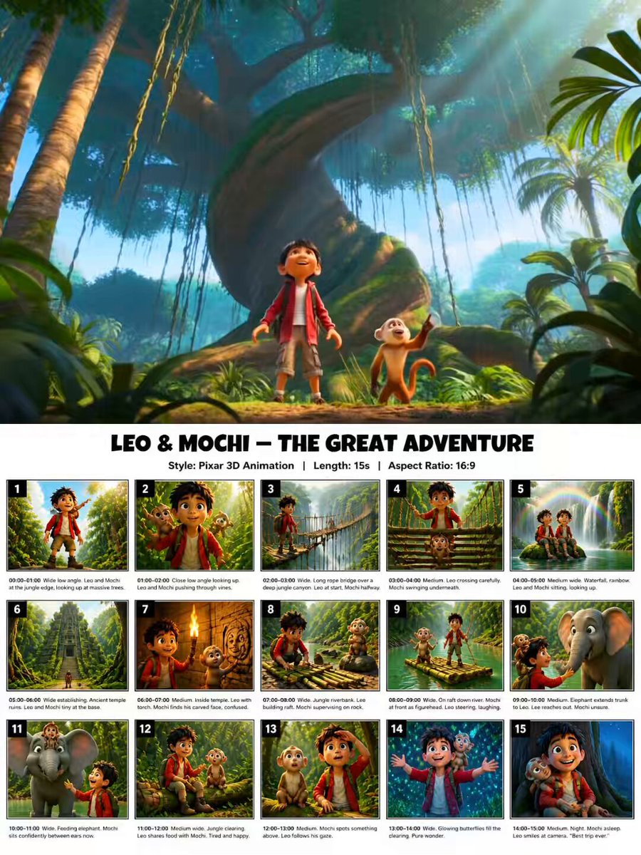 “Create a Pixar 3D style 15-panel video storyboard. Clean white background. Bold title at the to prompt example image preview