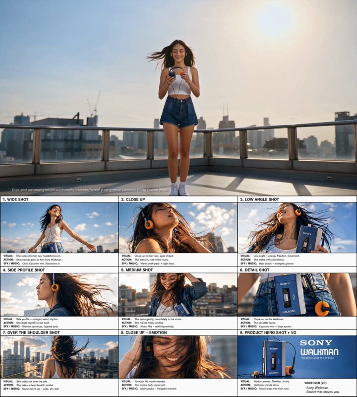 ( Follow me for more ) Create a cinematic 16:9 ultra realistic 3x3 storyboard advertisement layo prompt example image preview