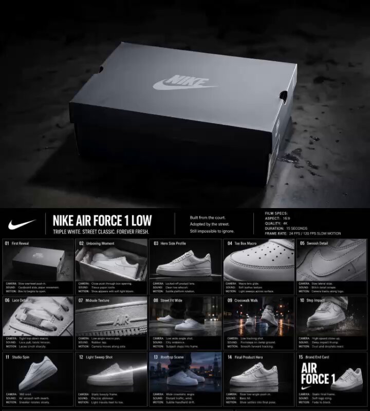 Create a high-end cinematic campaign storyboard in 16:9 landscape format for a 15-second spec co prompt example image preview